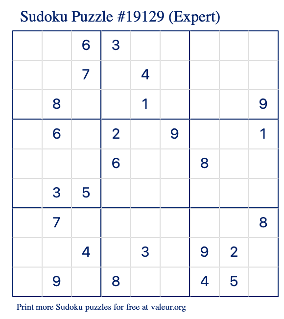 Free Printable Expert Sudoku Puzzle number 19129