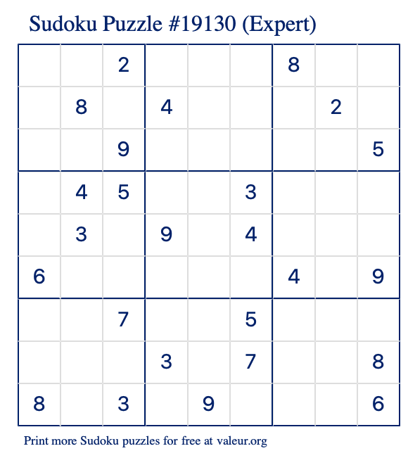 Free Printable Expert Sudoku Puzzle number 19130