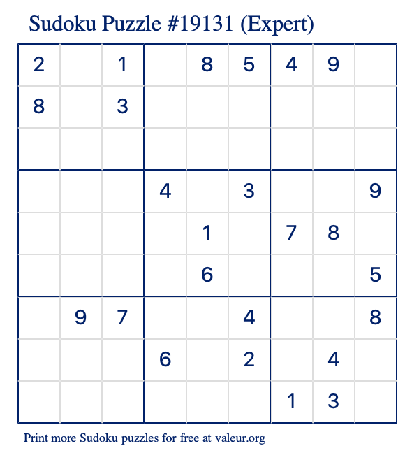 Free Printable Expert Sudoku Puzzle number 19131