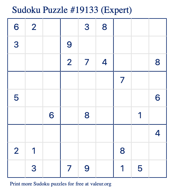 Free Printable Expert Sudoku Puzzle number 19133