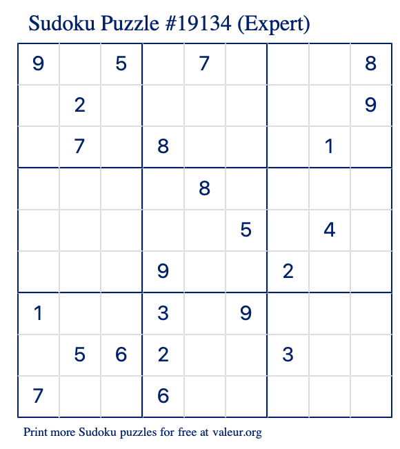 Free Printable Expert Sudoku Puzzle number 19134