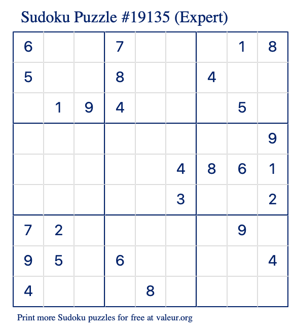 Free Printable Expert Sudoku Puzzle number 19135