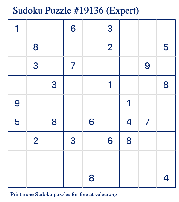 Free Printable Expert Sudoku Puzzle number 19136