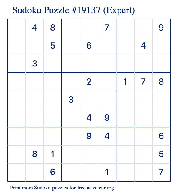 Free Printable Expert Sudoku Puzzle number 19137