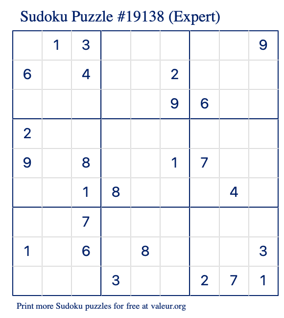 Free Printable Expert Sudoku Puzzle number 19138