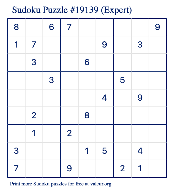 Free Printable Expert Sudoku Puzzle number 19139