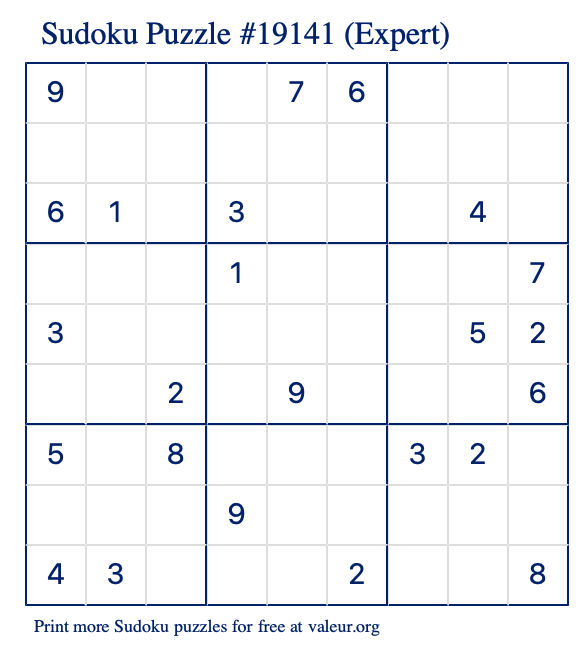 Free Printable Expert Sudoku Puzzle number 19141