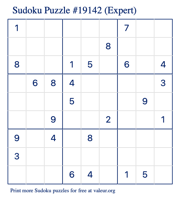 Free Printable Expert Sudoku Puzzle number 19142