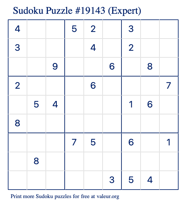 Free Printable Expert Sudoku Puzzle number 19143