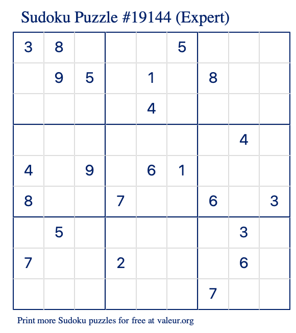 Free Printable Expert Sudoku Puzzle number 19144