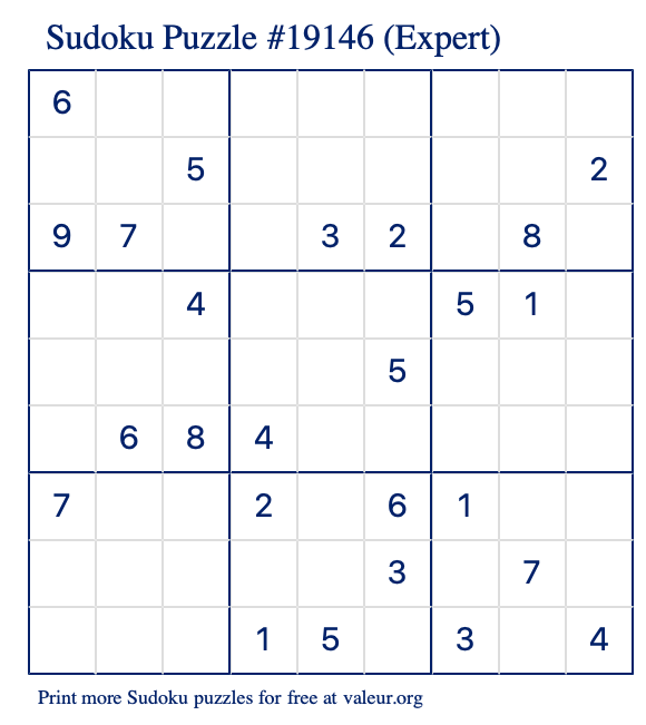 Free Printable Expert Sudoku Puzzle number 19146