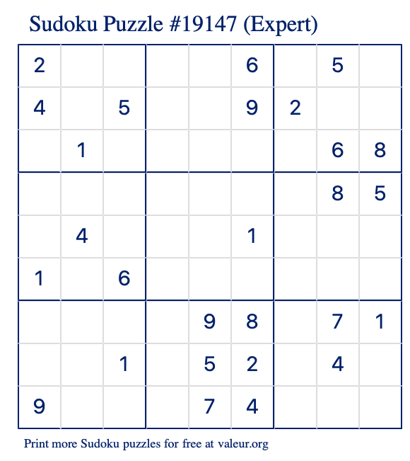 Free Printable Expert Sudoku Puzzle number 19147