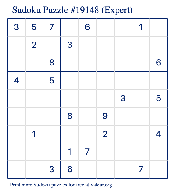 Free Printable Expert Sudoku Puzzle number 19148