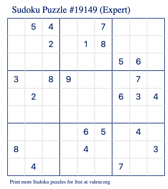 Free Printable Expert Sudoku Puzzle number 19149