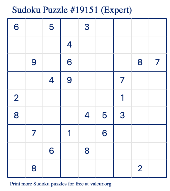 Free Printable Expert Sudoku Puzzle number 19151