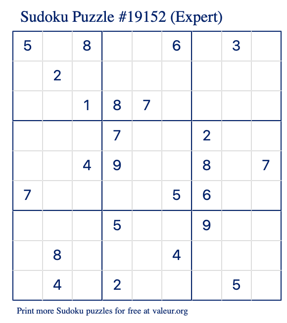 Free Printable Expert Sudoku Puzzle number 19152