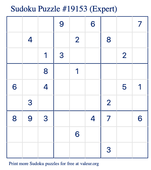 Free Printable Expert Sudoku Puzzle number 19153