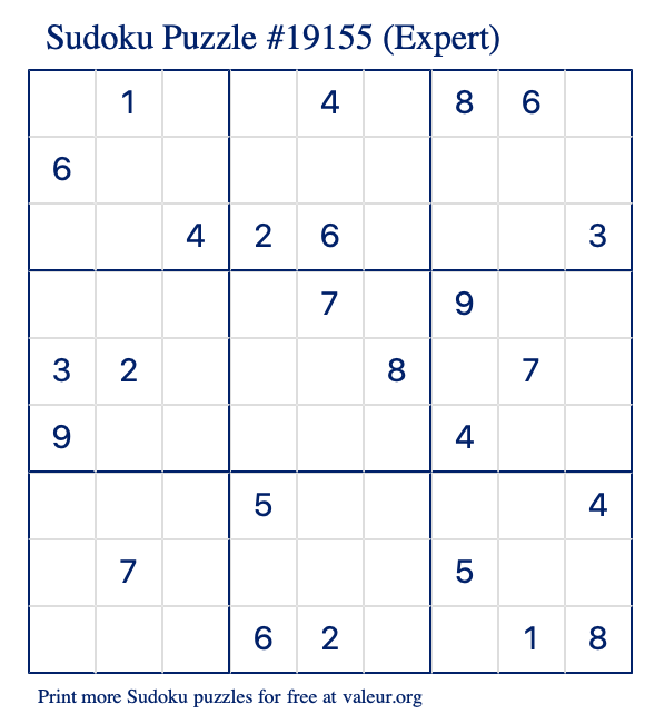 Free Printable Expert Sudoku Puzzle number 19155