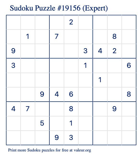 Free Printable Expert Sudoku Puzzle number 19156