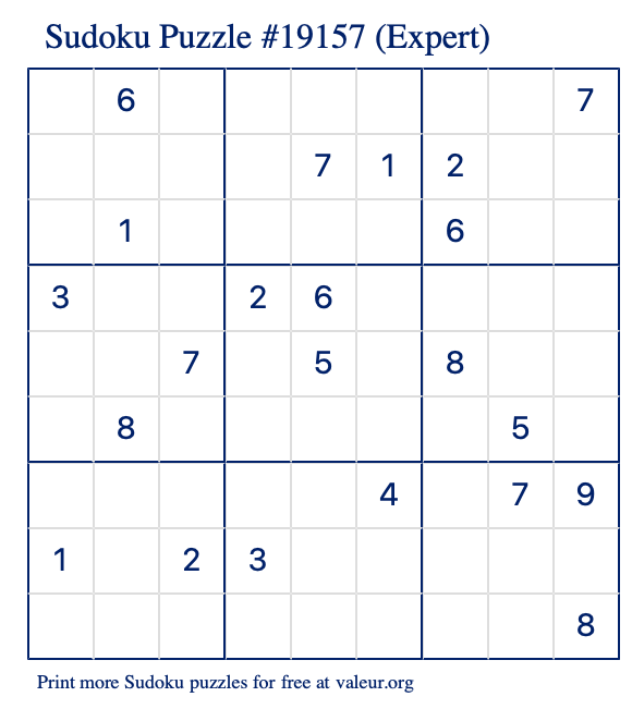 Free Printable Expert Sudoku Puzzle number 19157