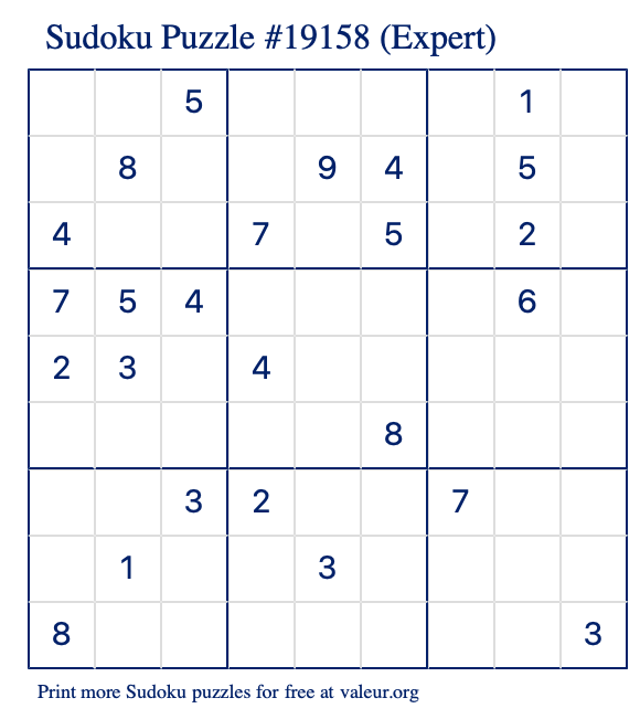 Free Printable Expert Sudoku Puzzle number 19158