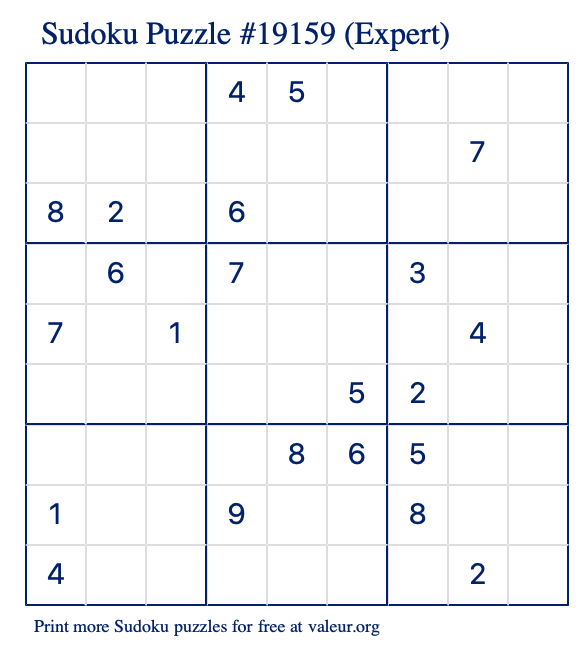 Free Printable Expert Sudoku Puzzle number 19159