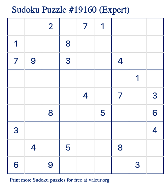 Free Printable Expert Sudoku Puzzle number 19160