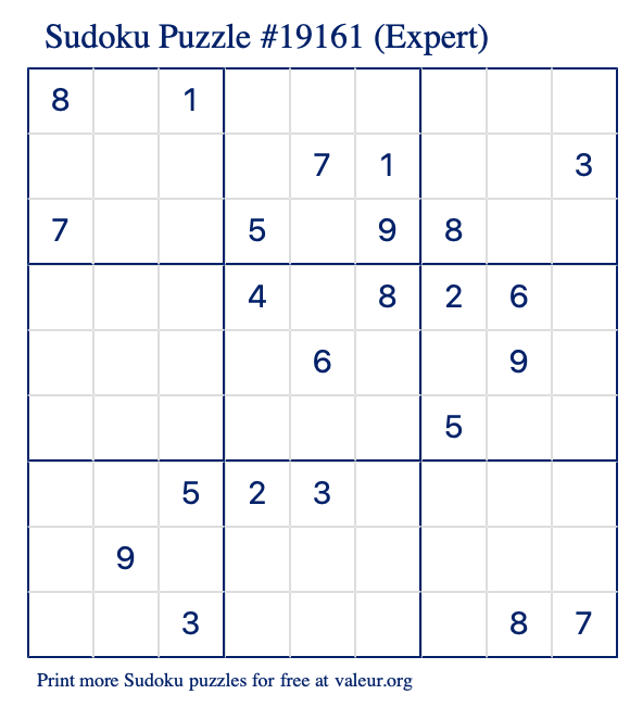 Free Printable Expert Sudoku Puzzle number 19161