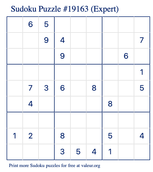 Free Printable Expert Sudoku Puzzle number 19163