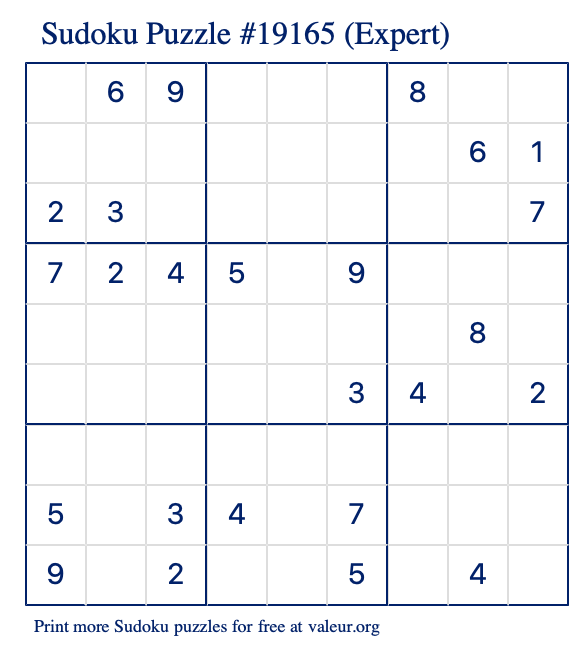 Free Printable Expert Sudoku Puzzle number 19165