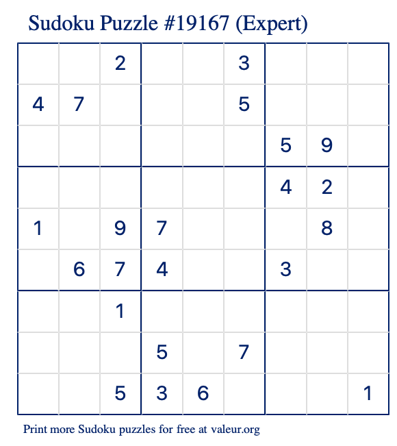 Free Printable Expert Sudoku Puzzle number 19167