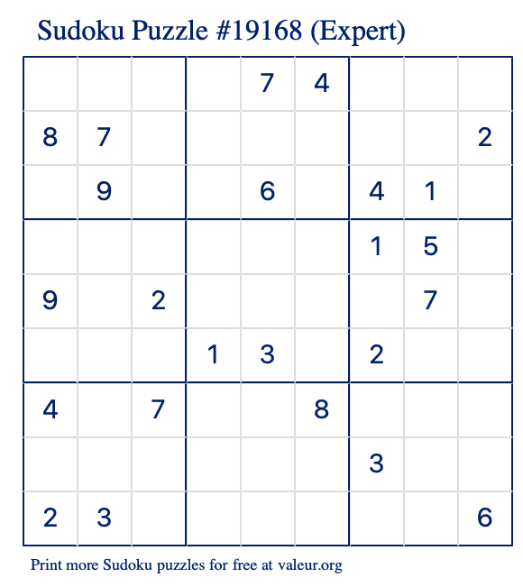 Free Printable Expert Sudoku Puzzle number 19168