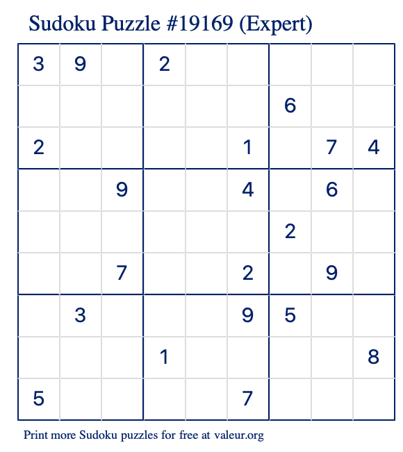 Free Printable Expert Sudoku Puzzle number 19169