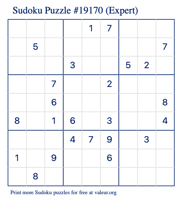 Free Printable Expert Sudoku Puzzle number 19170