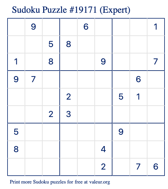 Free Printable Expert Sudoku Puzzle number 19171