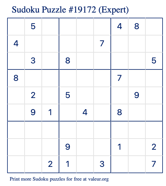 Free Printable Expert Sudoku Puzzle number 19172