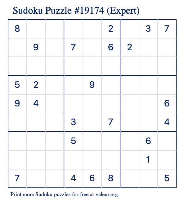 Free Printable Expert Sudoku Puzzle number 19174