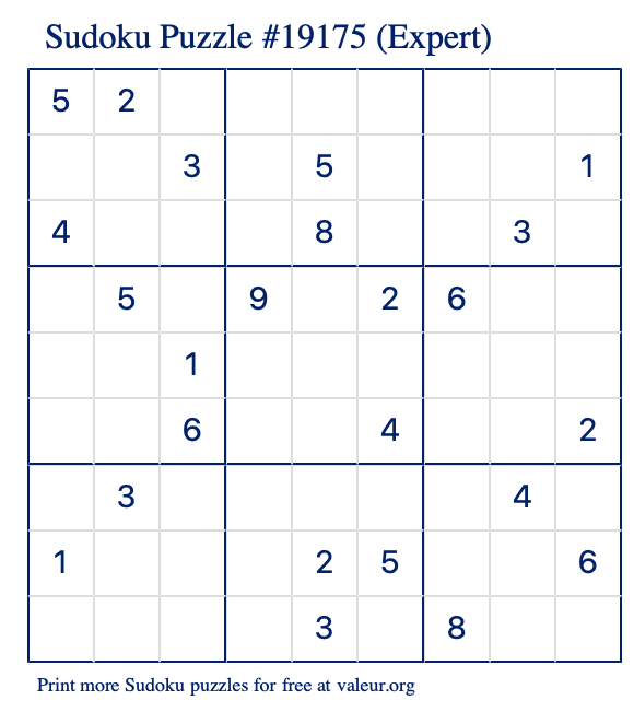 Free Printable Expert Sudoku Puzzle number 19175