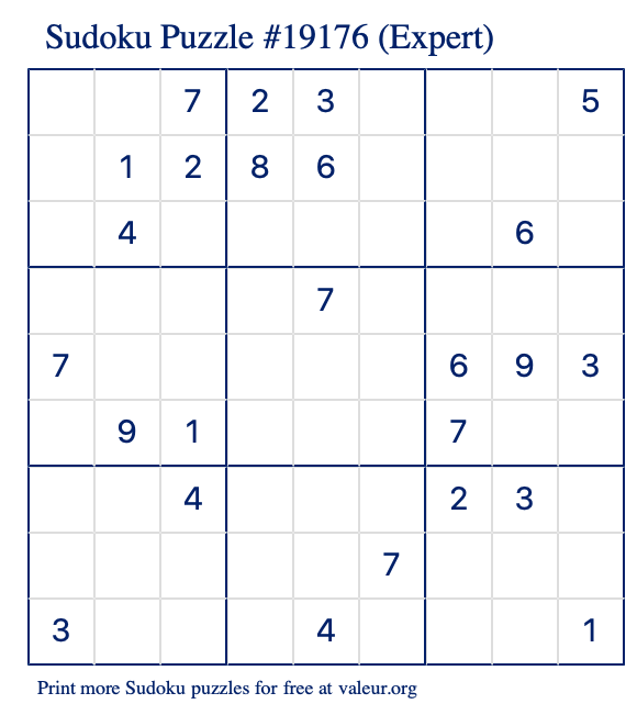 Free Printable Expert Sudoku Puzzle number 19176