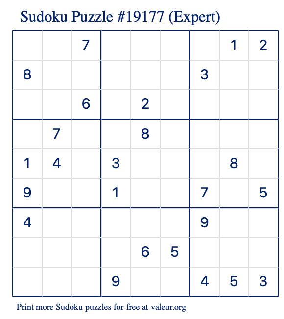 Free Printable Expert Sudoku Puzzle number 19177