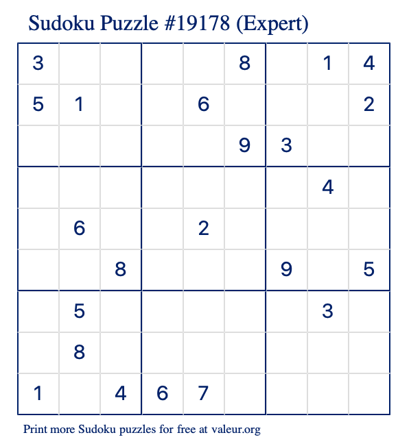 Free Printable Expert Sudoku Puzzle number 19178