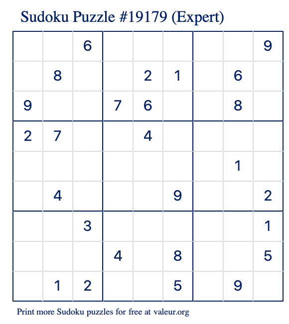 Free Printable Expert Sudoku Puzzle number 19179