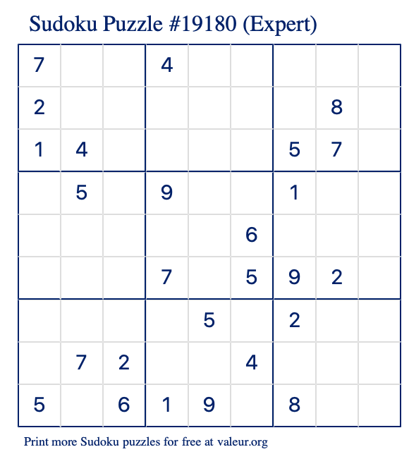 Free Printable Expert Sudoku Puzzle number 19180