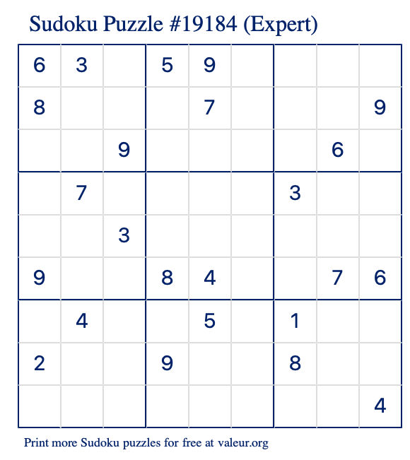 Free Printable Expert Sudoku Puzzle number 19184