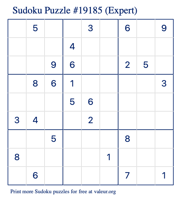 Free Printable Expert Sudoku Puzzle number 19185