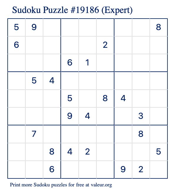 Free Printable Expert Sudoku Puzzle number 19186