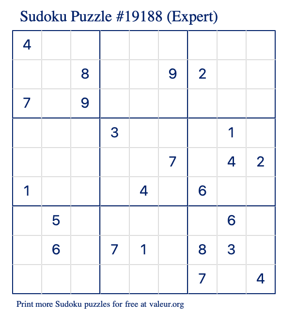 Free Printable Expert Sudoku Puzzle number 19188