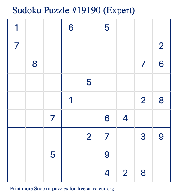 Free Printable Expert Sudoku Puzzle number 19190