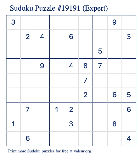 Free Printable Expert Sudoku Puzzle number 19191
