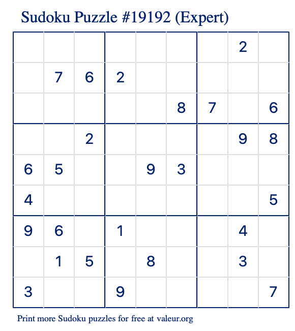 Free Printable Expert Sudoku Puzzle number 19192